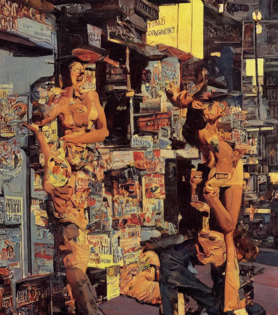 Image similar to standing portrait of ecstatic quin cat looking into the camera standing smoking a cigarette, summer, warm street lights store front, 1 9 6 0 s technicolor, intricate, moody, personal, highly detailed, short focus depth, donato giancola, joseph christian leyendecker, frank frazetta, alex horley, ralph horsley, michael whelan, 2 0 0 mm focal length