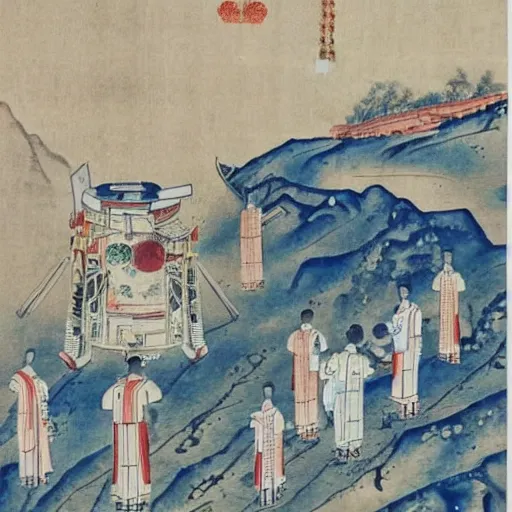 Image similar to ancient chinese watercolour of the moon landings