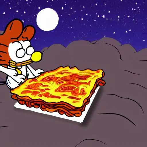 Prompt: Garfield eating lasagna in a cemetery, gravestone says Jon Arbuckle, full moon in background, starry sky with clouds, horror, spooky, photorealistic, 8k resolution,
