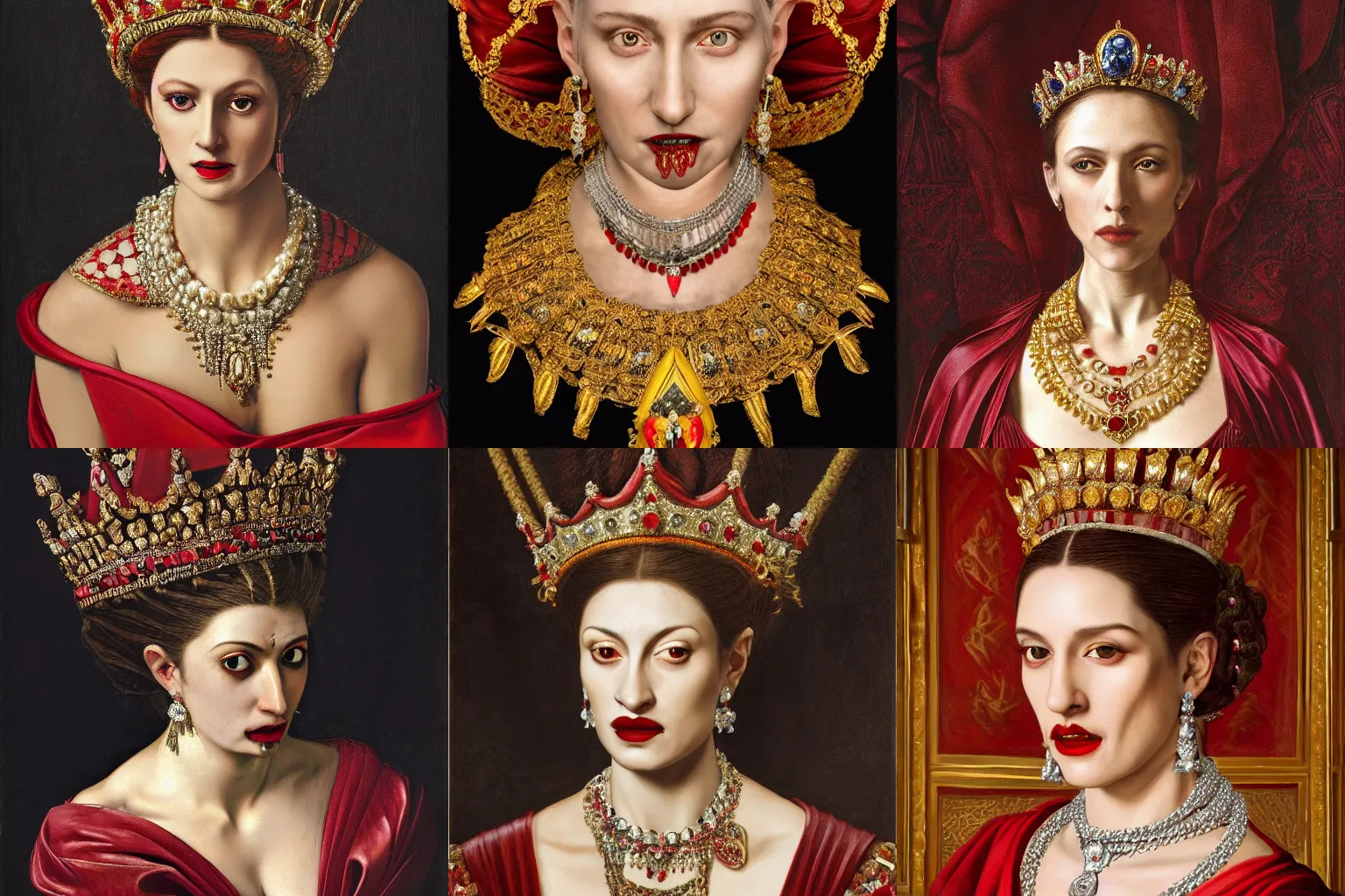 Prompt: A extremely highly detailed majestic hi-res beautiful head and shoulders painting of a beautiful bloody vampre woman with fangs wearing a long royal red silk dress, the crown jewels is on her head and around her neck is a ornate golden necklace decorated with diamonds and rupees by Michelangelo Merisi da Caravaggio, high detail, hyperrealistic, photorealistic, octante render, cinematic, high textures, royaltly, royal, hyper sharp, 4k insanely detailed and intricate, hypermaximalist, 8k, hyper realistic, super detailed, 4k HDR hyper realistic high,