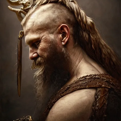 Image similar to a beautiful detailed 3d matte portrait of a nordic viking man, by ellen jewett, by tomasz alen kopera, by Justin Gerard, red brown full beard, ominous, magical realism, texture, intricate, skull, skeleton, gold coins, money, whirling smoke, rhymes, radiant colors, fantasy, volumetric lighting, high details