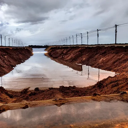 Image similar to underground copper mine, flooded, dirty water, rusty pipes