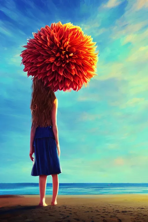 Image similar to closeup giant dahlia flower head, girl standing on beach, surreal photography, blue sky, sunrise, dramatic light, impressionist painting, digital painting, artstation, simon stalenhag