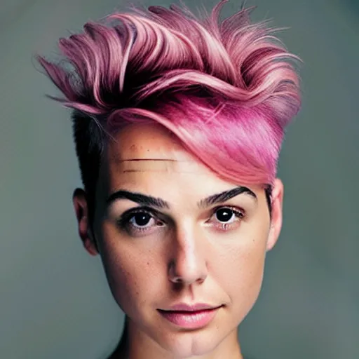 Prompt: portrait of a beautiful seductive 20-year-old Gal Gadot pink pixie cut hair by Mario Testino, headshot, detailed, award winning, Sony a7R