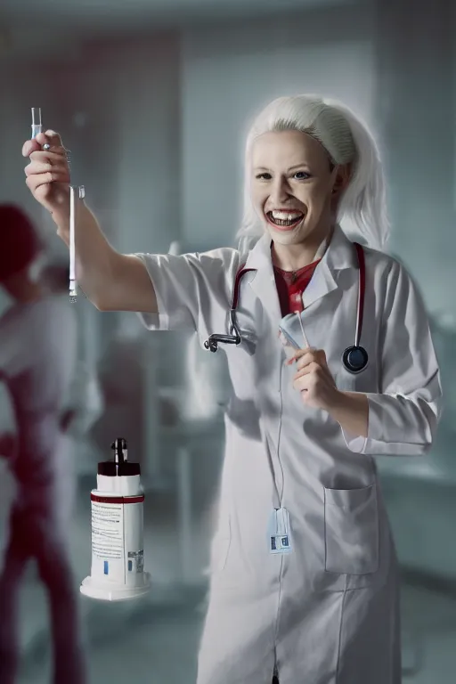 Prompt: manic grinning demon nurse holding syringe in spooky hospital room, character concept art, 8 k, photorealistic, highly detailed, weta digital