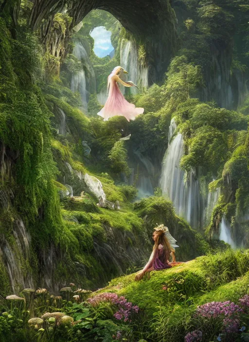 Image similar to an elegant fairy with wings of lace looking out at a lord of the rings scenery landscape, vast lush valley flowers and mushroom structures, stream, sunrise, god's rays highly detailed, vivid color, cinematic lighting, perfect composition, 8 k, gustave dore, derek zabrocki, greg rutkowski, belsinski, octane render