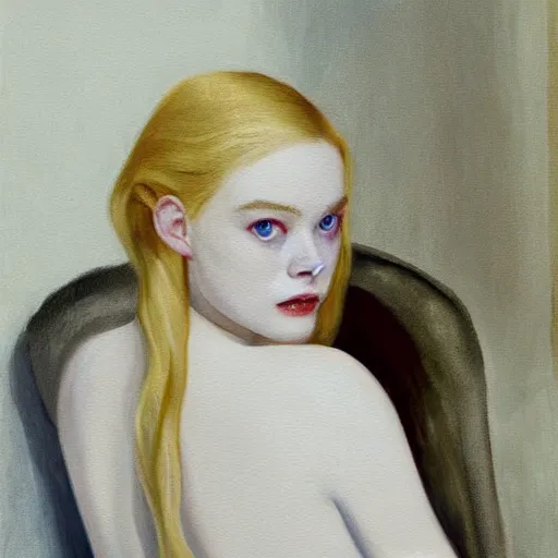 Prompt: Painting of Elle Fanning as a vampire in the snow, long blonde hair, delicate, pale milky white porcelain skin, by Edward Hopper. 8K. Extremely detailed.