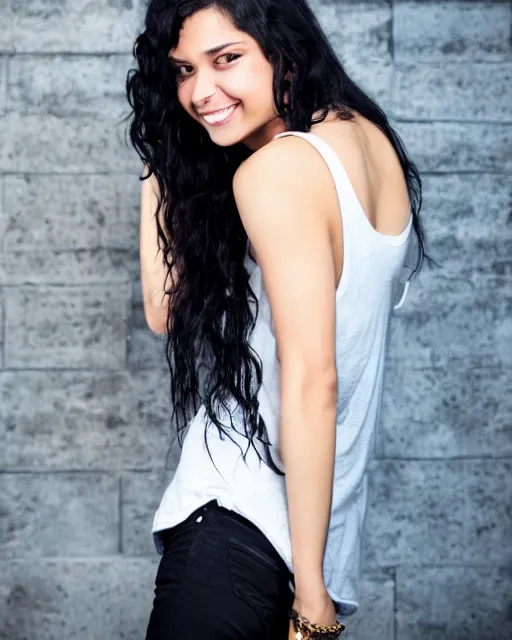 Image similar to a half body photo of a beautiful Young female with long disheveled black hair, beautiful and smiling, sweet looks, white skin and reflective eyes, black tank top, black leather shiny jeans, an ankh necklace white colors in the background, 500px photos, top cinematic lighting , cinematic mood, very detailed, shot in canon 50mm f/1.2