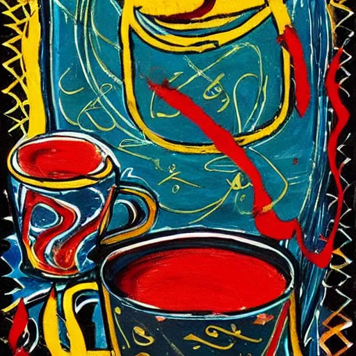 Prompt: Arabic calligraphy, Moroccan tea set, painting by jackson pollock