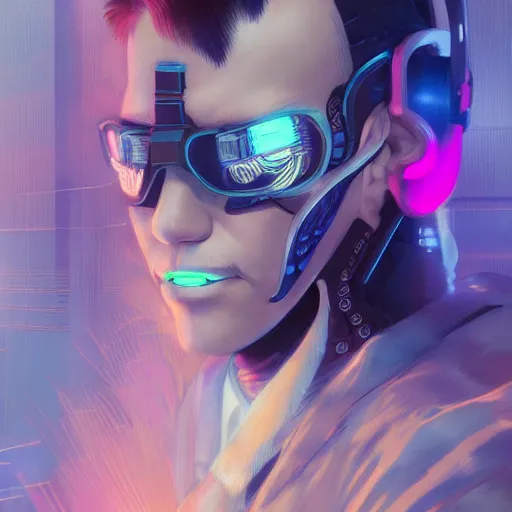 Image similar to cyberpunk japanesse man with neon lights, with techware, intricate, elegant, highly detailed, digital painting, japanese, unreal engine 5, trending on artstation, concept art, studio ghibli, illustration, art by artgerm and greg rutkowski and alphonse mucha