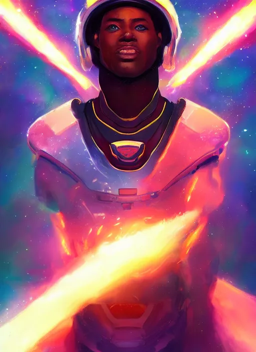 Image similar to space soldier, handsome young black male in front of exploding nebulae, digital illustration trending on artstation by artgerm and rutkowski