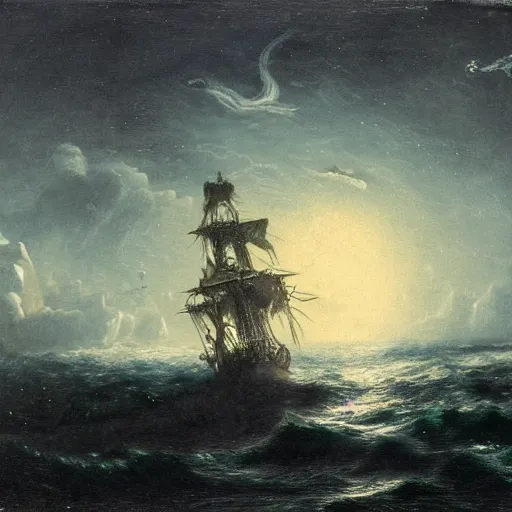 Prompt: moonlit ocean, stars in sky, leviathan attacking pirate ship flying in the sky by peter balke