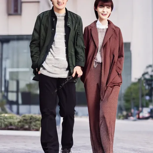 Prompt: handsome korean guy applecola walking with his korean girlfriend