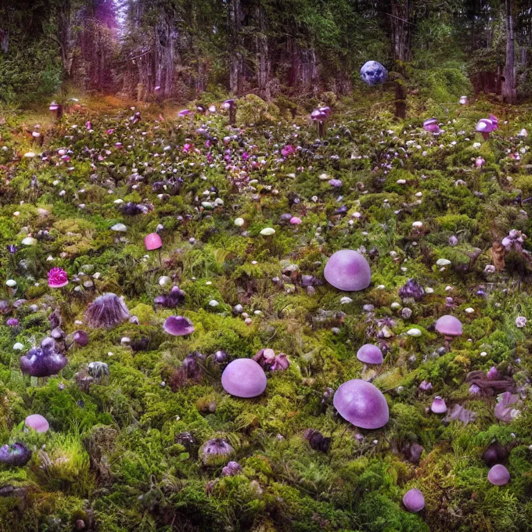 Image similar to a planet of various fungus, mushrooms, flowers and plants, inside the picture is infinity, Atmospheric, artistic photography, conceptual, long exposure outside the city, volumetric light