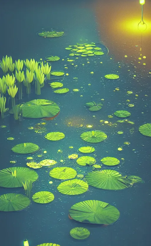 Prompt: water lily, water bubbles, night view, glowing, fireflies, poster vintage, digital strokes, illustration, bioluminescence, vegetation, portrait, full shot, rim light, pixar, octane render,