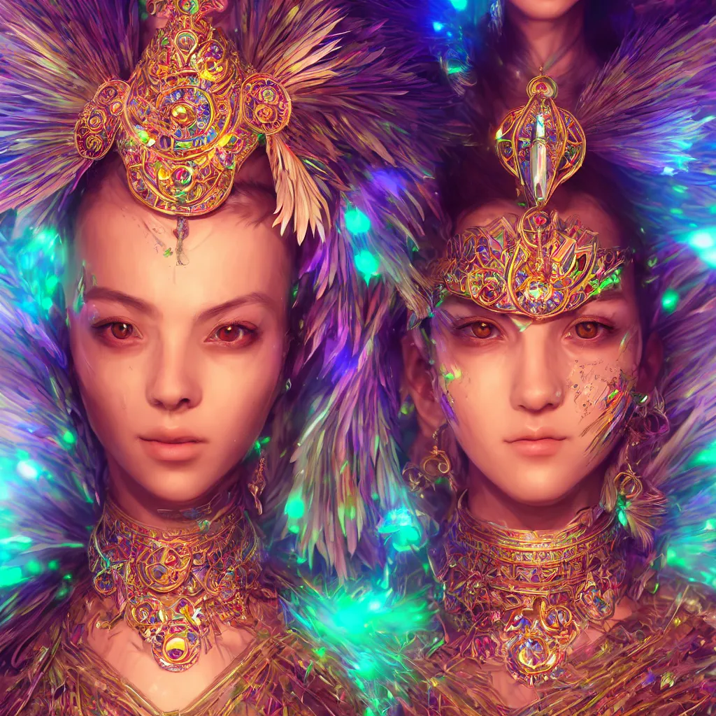 Image similar to portrait highly detailed beautiful symmetrical face high priestess intricate elegant detailed crystal jewellery with tribal feathers, lush colourful volumetric lighting, anime digital painting, concept art, smooth, sharp focus 3 d, divine realm of gods, realistic cinematic style, octane render, photographic, unreal engine 8 k