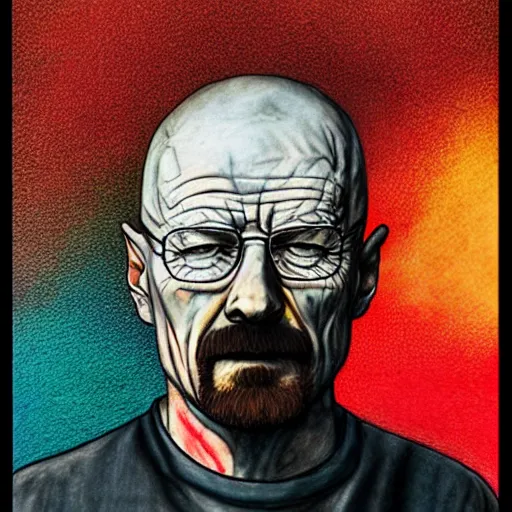 Image similar to walter white covered in acid smoke, colored pencil drawing