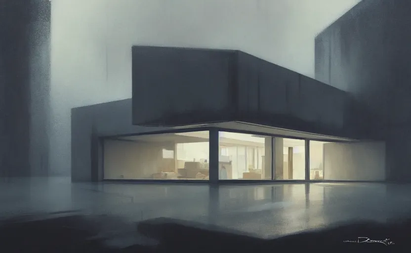 Image similar to painting of a wide angle exterior shot of a white concerete brutalist architecture house with rainy and moody cinematic lighting by darek zabrocki and greg ruthkowski, alphonse mucha, simon stalenhag and cinematic and blue cold atmospheric, archillect concept art, artstation, trending on artstation