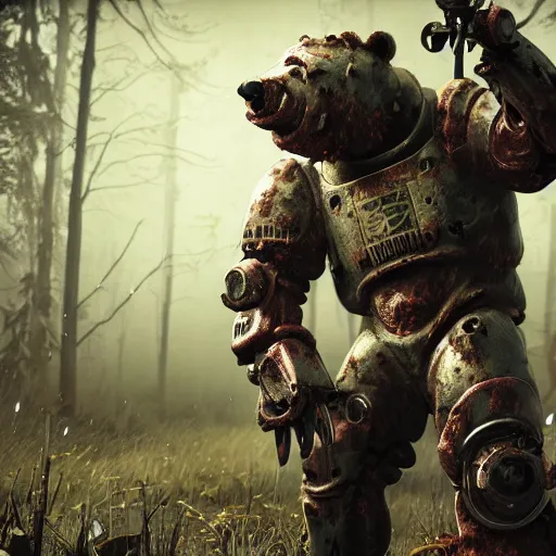Prompt: A zombie bear attacks a man in power armor with a minigun in his hands against the background of a radioactive forest, graphics, fallout 4 render, 3d computer render, maximum details, rain, night, spotlight,