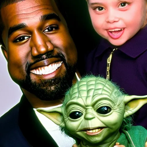 Image similar to kanye west smiling and holding yoda for a 1 9 9 0 s sitcom tv show, studio photograph, portrait