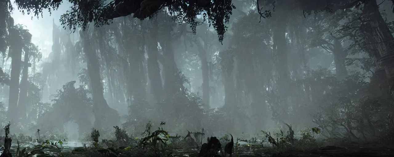 Prompt: a stunning wide shot view of a mythical rainforest, screenshot from bloodborne