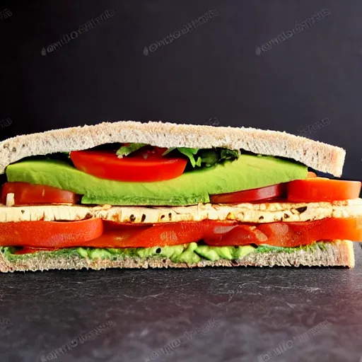 Prompt: sandwich with tofu, tomato, onion, avocado and cheddar, studio photo, amazing light