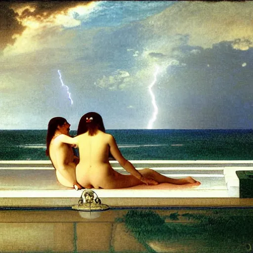 Image similar to Silhouette of two girls at the palace, thunderstorm, greek pool, beach and palm trees on the background major arcana sky, by paul delaroche, alphonse mucha and arnold böcklin arnold böcklin hyperrealistic 8k, very detailed