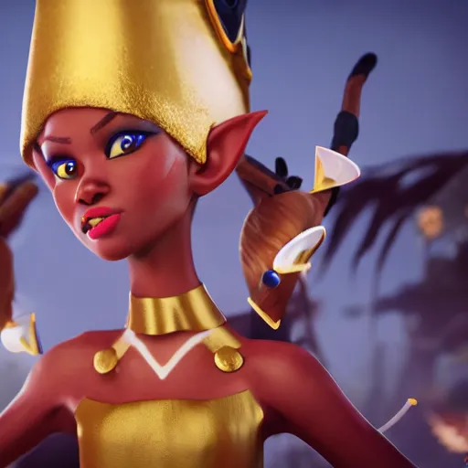 Image similar to beautiful afroame elf, clash royal style characters, unreal engine 5, octane render, detailed, cinematografic, cinema 4 d