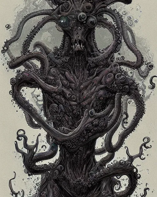 Prompt: a boss - level - meat - creature emerges from the ethereal mist, lovecraftian, hypnotic bioluminescence, by james jean and dariusz zawadzki, trending on artstation.