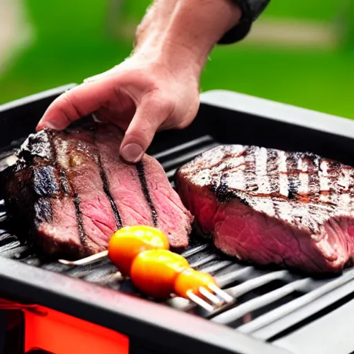 Image similar to itsuncleslam grilling a steak while live - streaming on twitch, detailed face, 4 k