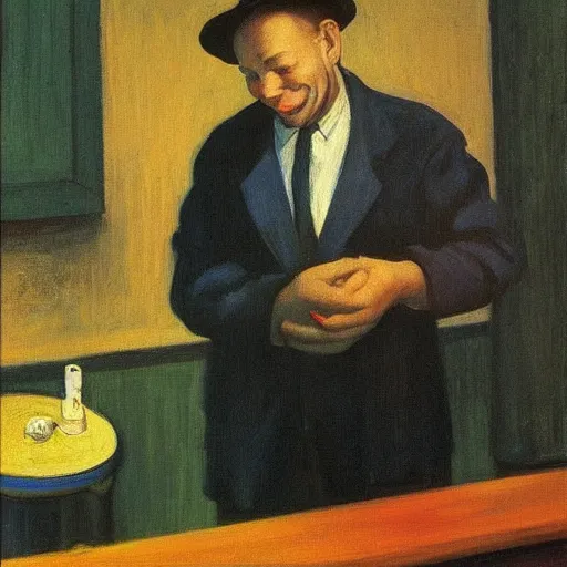 Image similar to “ here ’ s a man with a smile like god ’ s shoeshine by edward hopper and gogh ”