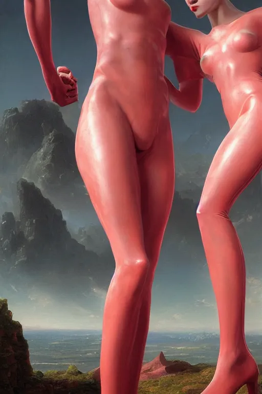 Image similar to young male and female, wearing latex, holding each other hands, by thomas cole and wayne barlowe, bodyshape by kyu yong eom, 8 k, high detail, fantasy art, dnd, artstation,