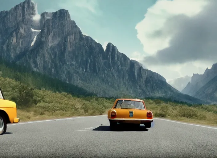 Image similar to A very high resolution image from a new movie, landscape from a car window , mountains, raining, hot, directed by wes anderson