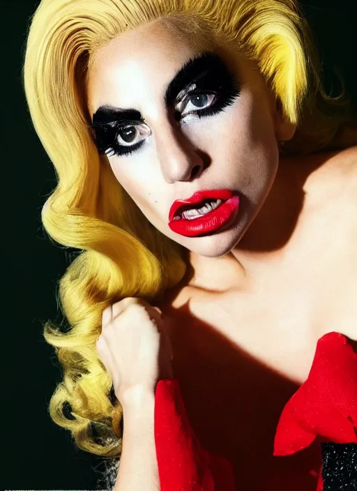 Prompt: lady gaga in an super mario themed photoshoot, nick knight, annie leibovitz, posing, style, vogue magazine, highly realistic. high resolution. highly detailed. dramatic. 8 k. 4 k.