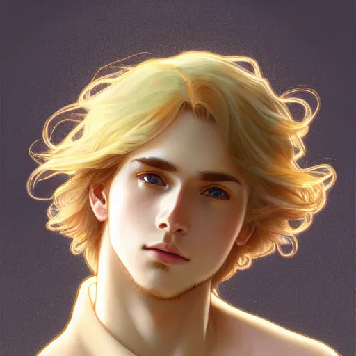 Image similar to young man with shoulder length shiny shimmering golden blond hair, path traced, highly detailed, high quality, digital painting, by studio ghibli and alphonse mucha, leesha hannigan, beautiful details, soft and warm