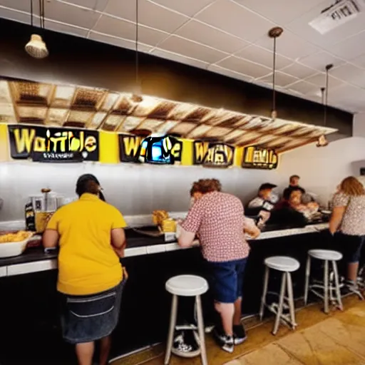 Image similar to busy wafflehouse interior with customers eating breakfast and wafflehouse employees serving food and cooking behind countertop bar that has customers sitting at