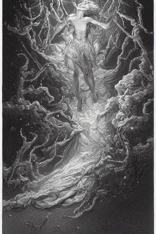 Image similar to several human forms mixed together form a tornado by artgem and gustave dore, highly detailed, high contrast, trippy, nebula, trending on artstation