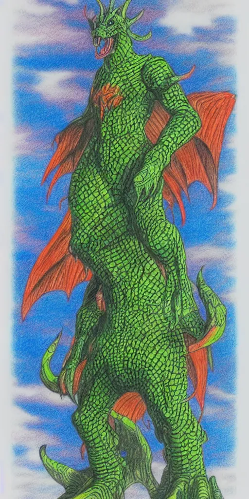 Image similar to a kaiju figurine super detailed colored pencil drawing with fluo colors