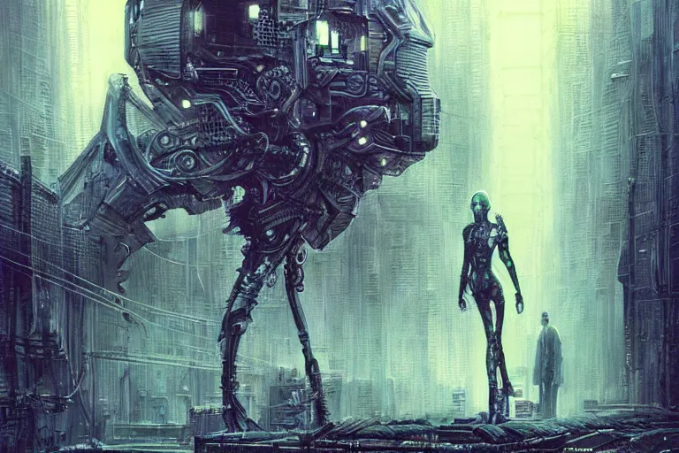 Image similar to highly detailed concept art of neuromancer characters, dystopian post - apocalyptic retrofuturistic neon vibe, an ultrafine detailed painting by hans giger and wayne barlowe, trending on deviantart, pop surrealism, whimsical, lowbrow, perfect symmetrical face, sharp focus, octane, masterpiece