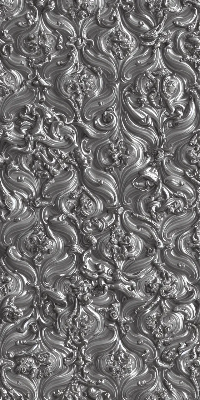 Image similar to beautiful photorealistic baroque ornaments seamless pattern, subsurface scattering, chrome futuristic detail, misty mike jordana, konstantin porubov, valeriy vegera, hypermaximalist, elegant, ornate, rococo, baroque ornament detail, elite, creepy, radiant, matte painting, cinematic, cinematic lighting, corel painter, cgsociety, atmospheric