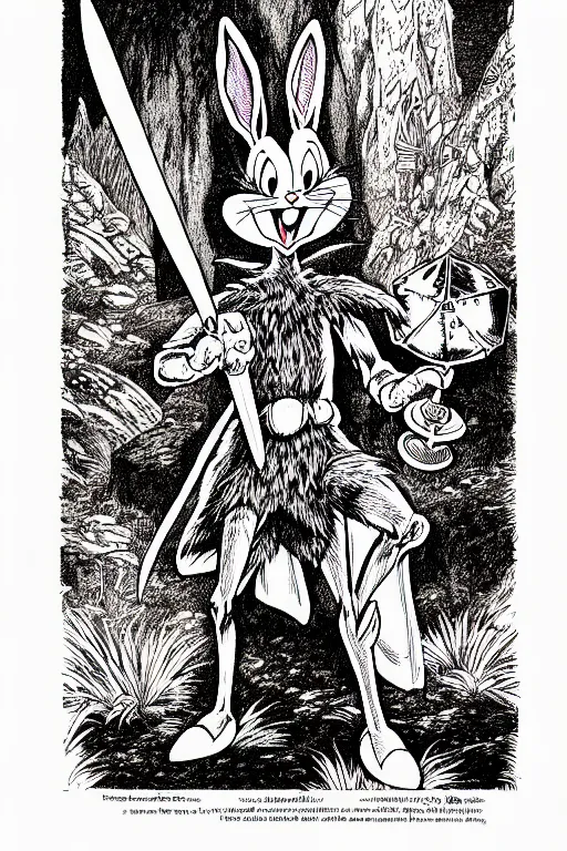 Prompt: bugs bunny as a d & d monster, full body, pen - and - ink illustration, etching, by russ nicholson, david a trampier, larry elmore, 1 9 8 1, hq scan, intricate details, stylized border