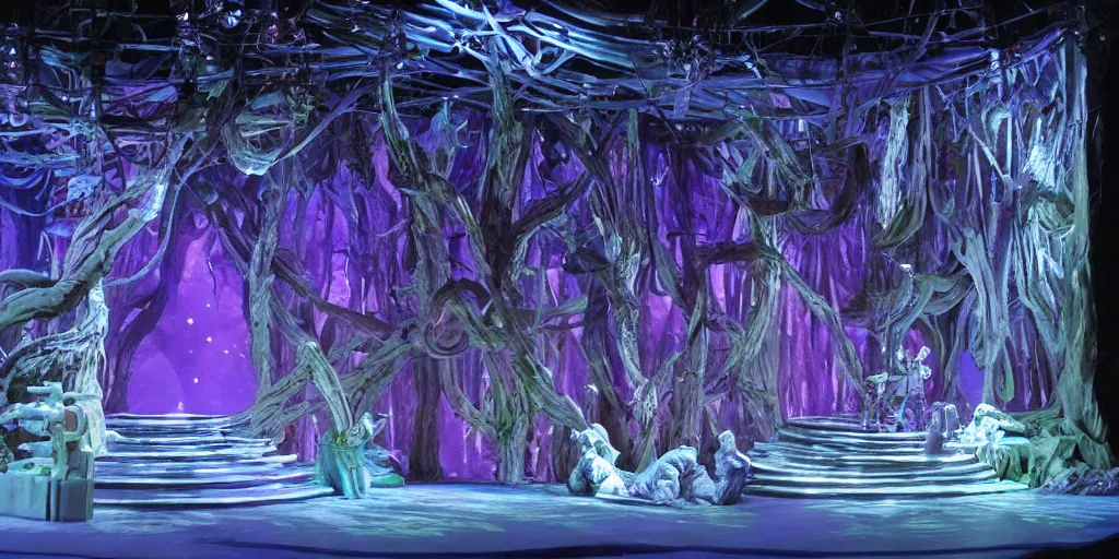 Prompt: the stage design for a futuristic production of midsummer night's dream, set design, dynamic lighting