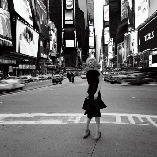 Prompt: a woman wearing a gold dress in Times square, she is sad and beautiful, she is alone, black and white photo, circa 1950, beautiful background