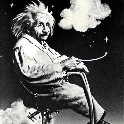 Prompt: albert einstein riding on a rocket through the evening sky