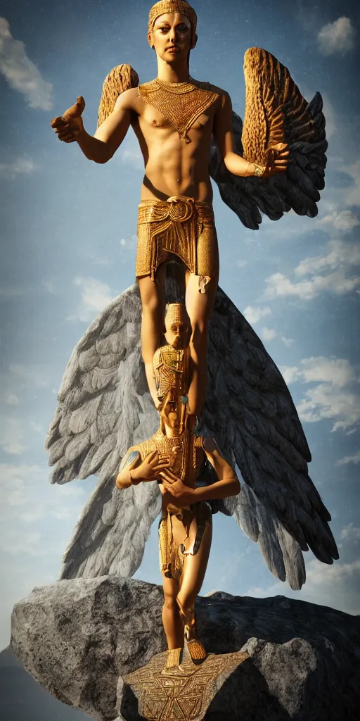 Prompt: enlil sumerian god, holding a strobilus in his left hand, wings, unreal 5, hyperrealistic, realistic, photorealistic, dynamic lighting, highly detailed, cinematic landscape, studio landscape, studio lighting