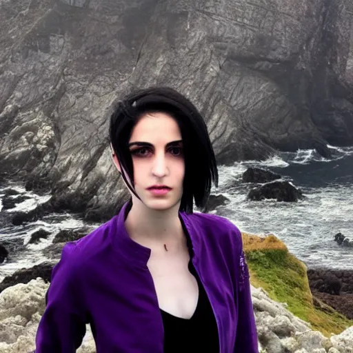 Image similar to 1 7 - year - old pale - skinned persian girl with black long bob cut, black gothic jacket, purple eyes, psychic girl, standing on cliff along the irish coast, overcast gray skies