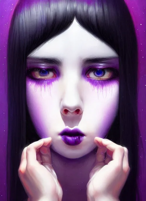 Image similar to hair blackbangs hair, white hair, blackbangswhitehair, portrait of teenage girl with black bangs, red irises, purple clothes, black bangs, bangs are white hair is black, intricate, elegant, glowing lights, highly detailed, digital painting, artstation, concept art, sharp focus, illustration, art by wlop, mars ravelo and greg rutkowski