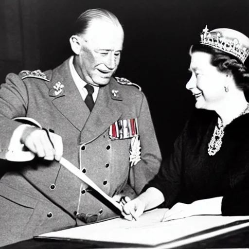 Prompt: 1 9 4 6 historical photo 1 3 5 mm of a single german general signing a peace treaty, a young queen elizabeth holds a corgi and watches the general sign the treaty, french village interior, highly detailed, sharp focus, symmetrical face