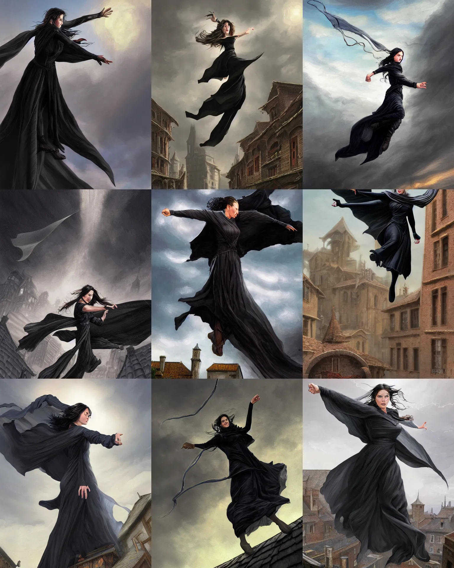 Prompt: illustration of lady vin portrait from mistborn jumping from top of a house waving the cape with long strips of fabric, wearing black clothes and cape, medieval town landscape, trending on artstation by ted nasmith