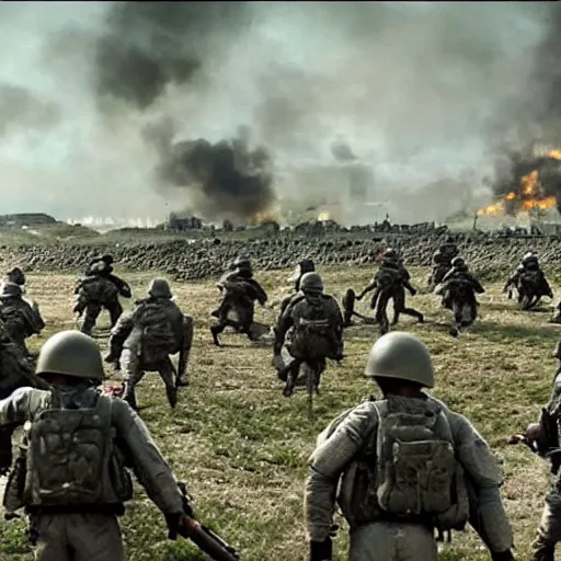 Image similar to movie still from saving private ryan with soldiers replaced with minions, action, d - day